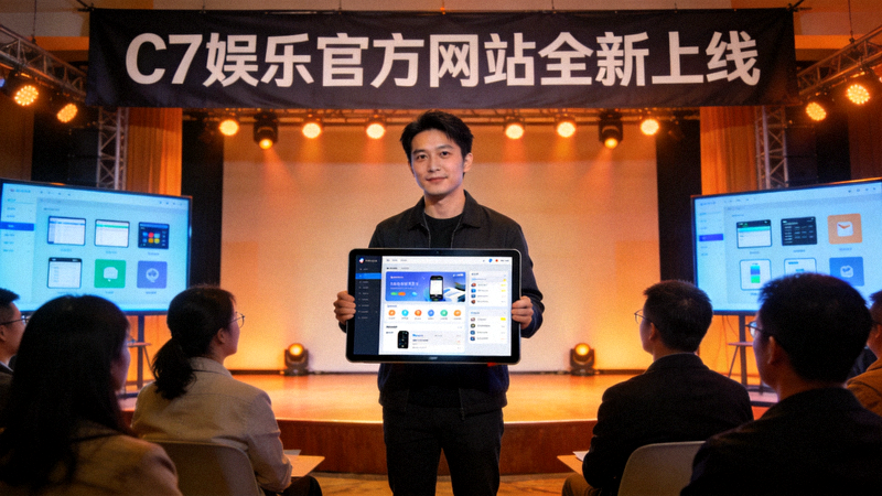 C7娱乐官方网站全新上线发布会现场，工作人员正在展示新平台界面