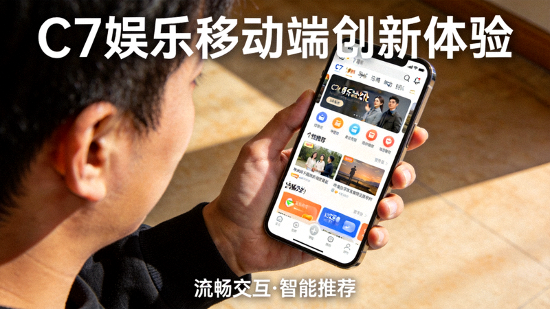 C7娱乐移动端创新体验，用户手持手机浏览优化后的应用界面