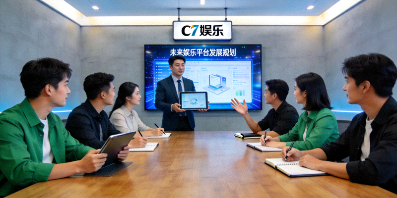 C7娱乐团队在现代化办公室中协作讨论未来娱乐平台发展的场景